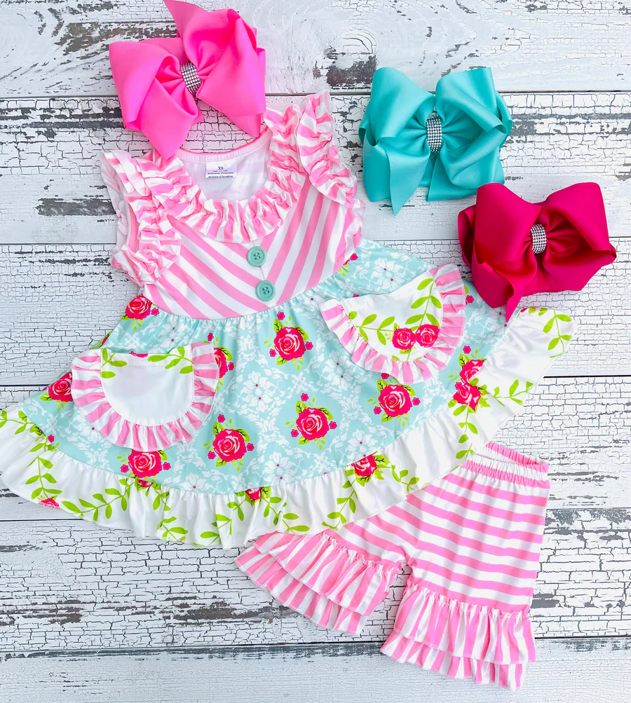 Pink pocket floral twirl tunic ruffle shorts summer outfits C2-2