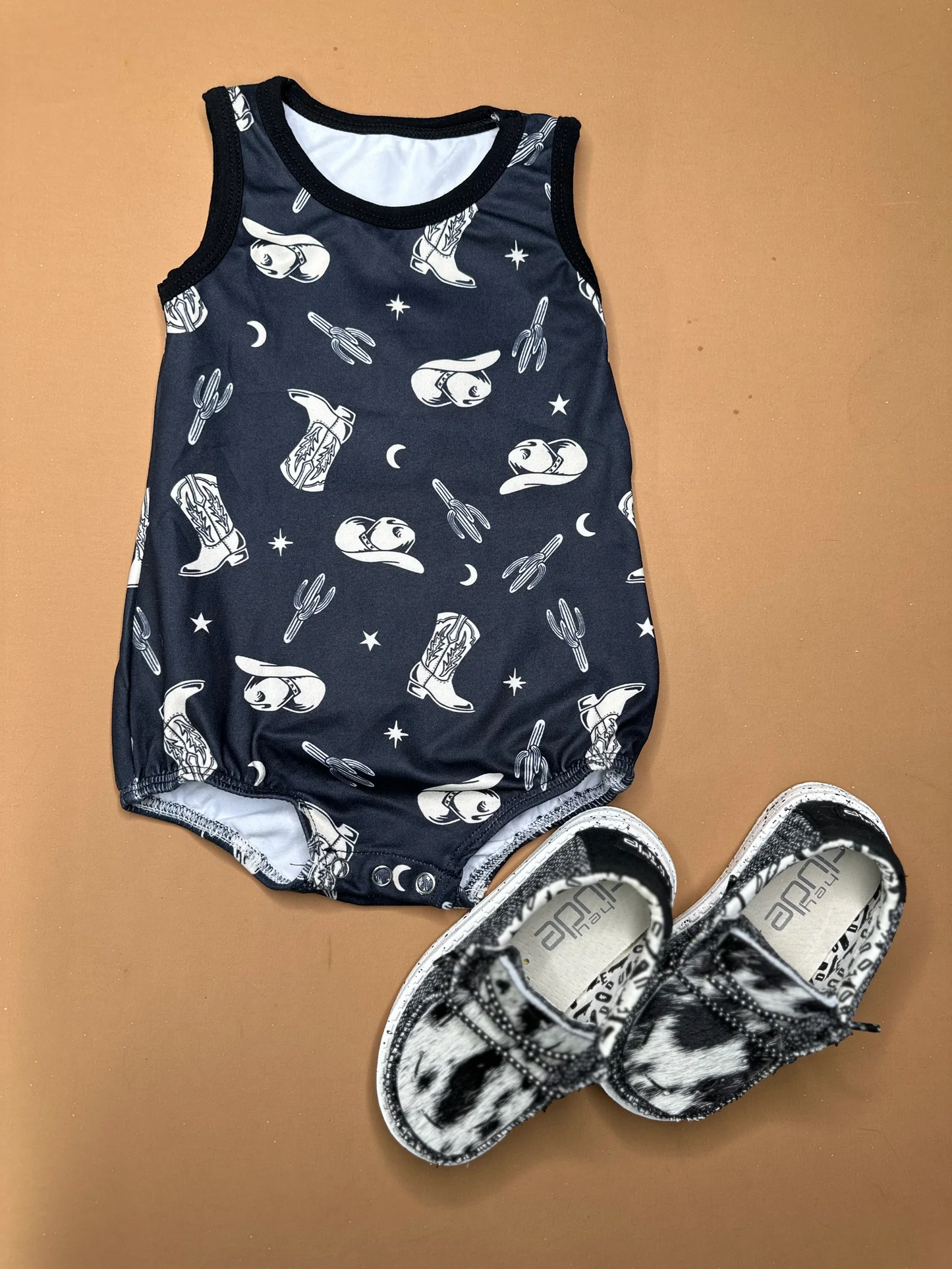 (Custom Design Preorder MOQ 5) Cactus Hat Boots Print Baby Boys Summer Romper