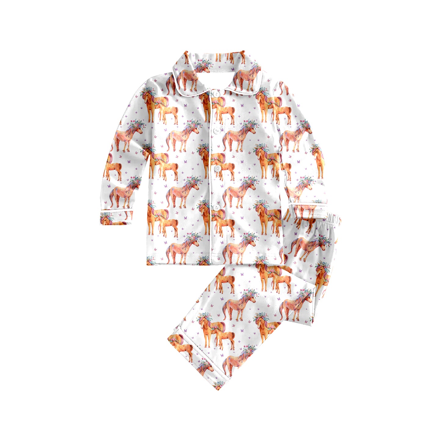 (Custom Design Preorder MOQ 5) Horse Flowers Print Girls Fall Buttons Clothes Set