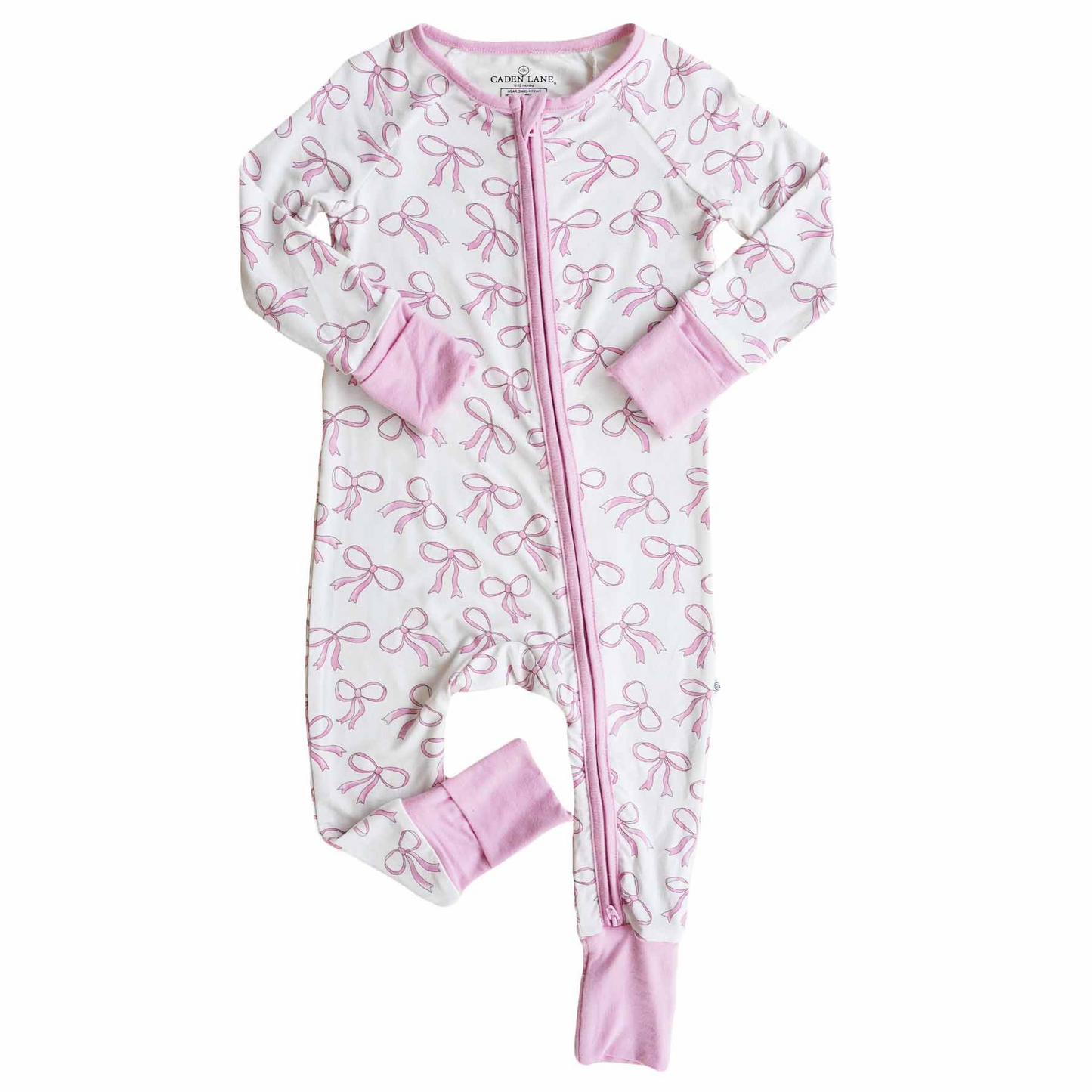 (Custom Design Preorder MOQ 20) Pink Bows Print Baby Girls Bamboo Fall Sleeper Zipper Romper