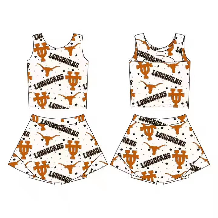 (Custom Design Preorder MOQ 5) Team's LONGHORNS COW Print Shorts Skirts Girls Summer Yoga Clothes Set
