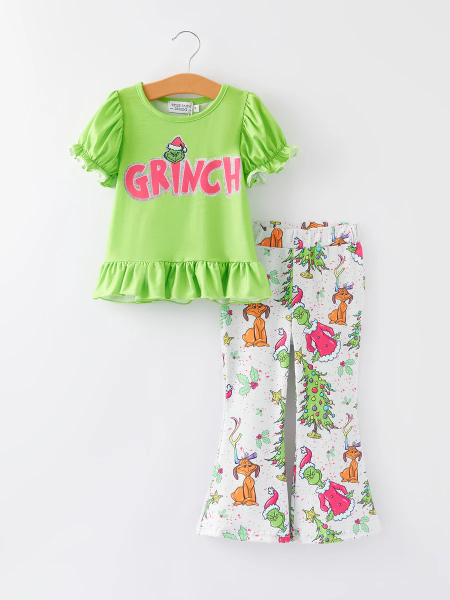 (Custom Design Preorder MOQ 5) Green Frog Top White Pants Girls Christmas Clothes Set