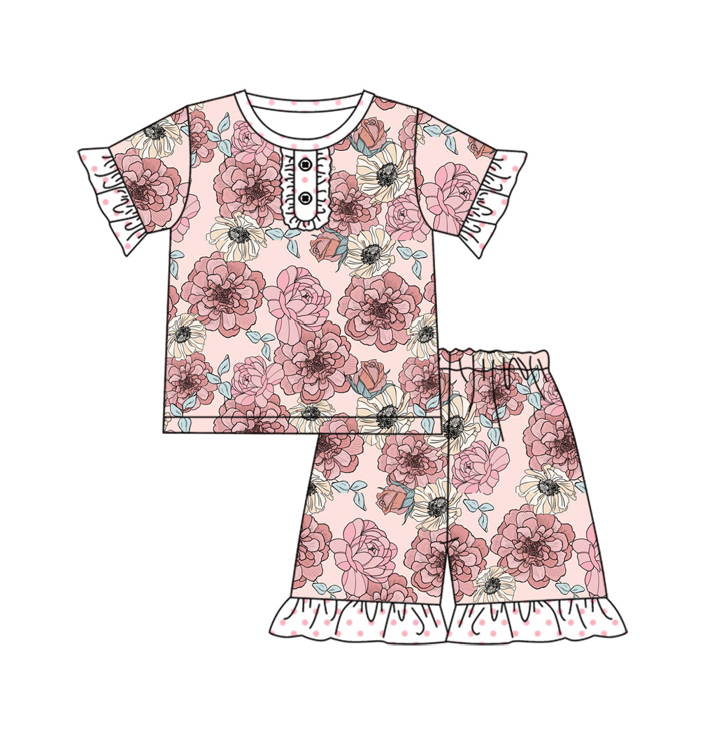 (Custom Design Preorder MOQ 5) Pink Flowers Print Girls Summer Pajamas Clothes Set