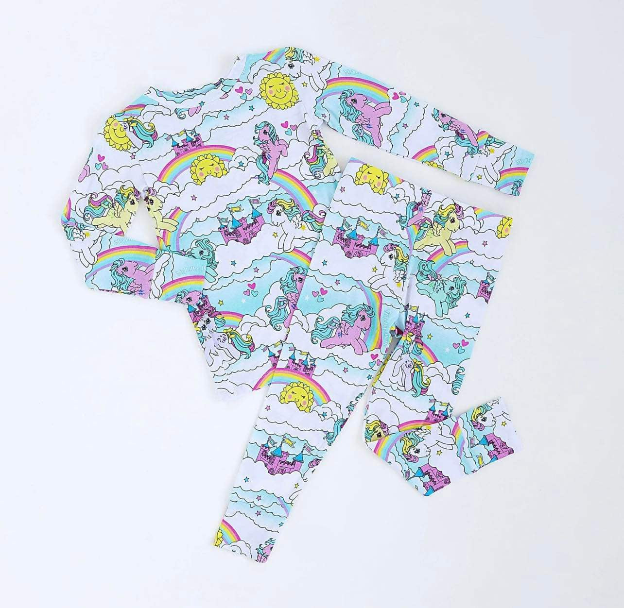 (Custom Design Preorder MOQ 5) Castle Rainbow Horse Print Girls Pajamas Clothes Set