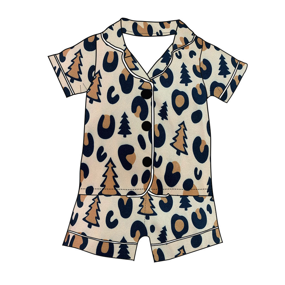 (Custom Design Preorder MOQ 5) Brown Leopard Print Girls Summer Buttons Pajamas Clothes Set