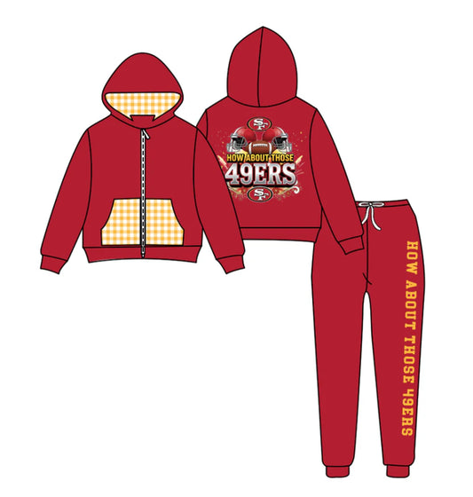 (Custom Design Preorder MOQ 5) Team's SF 49ERS Zipper Hoodie Top Red Pants Kids Fall Clothes Set