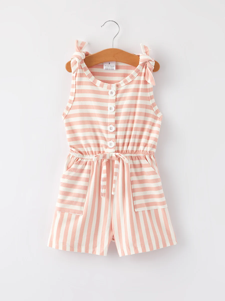 (Custom Design Preorder MOQ 5) Pink Stripes Print Pockets Girls Summer Jumpsuits