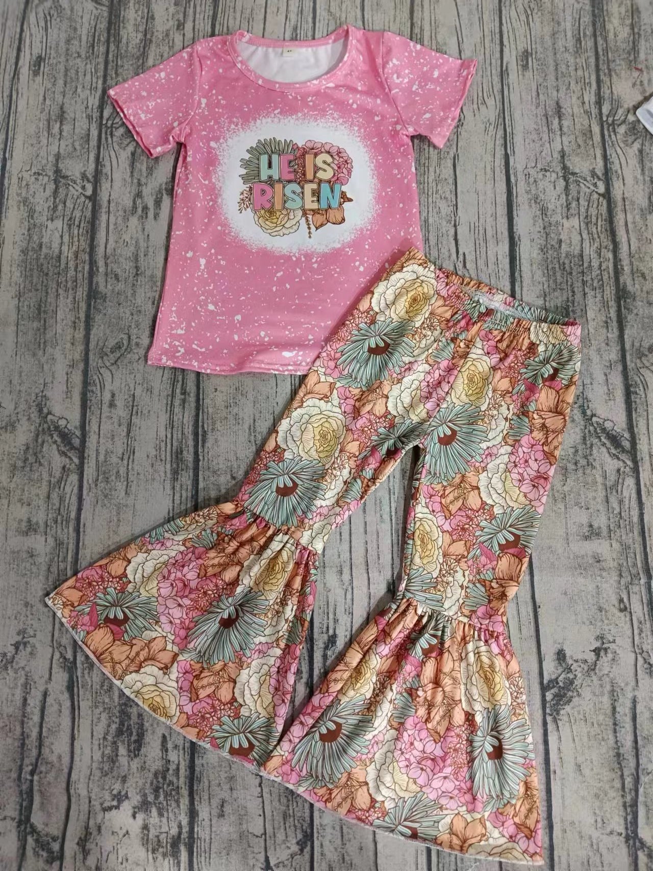 (Custom Design Preorder MOQ 5) He IS Risen Flowers Print Bell Pants Girls Clothes Set
