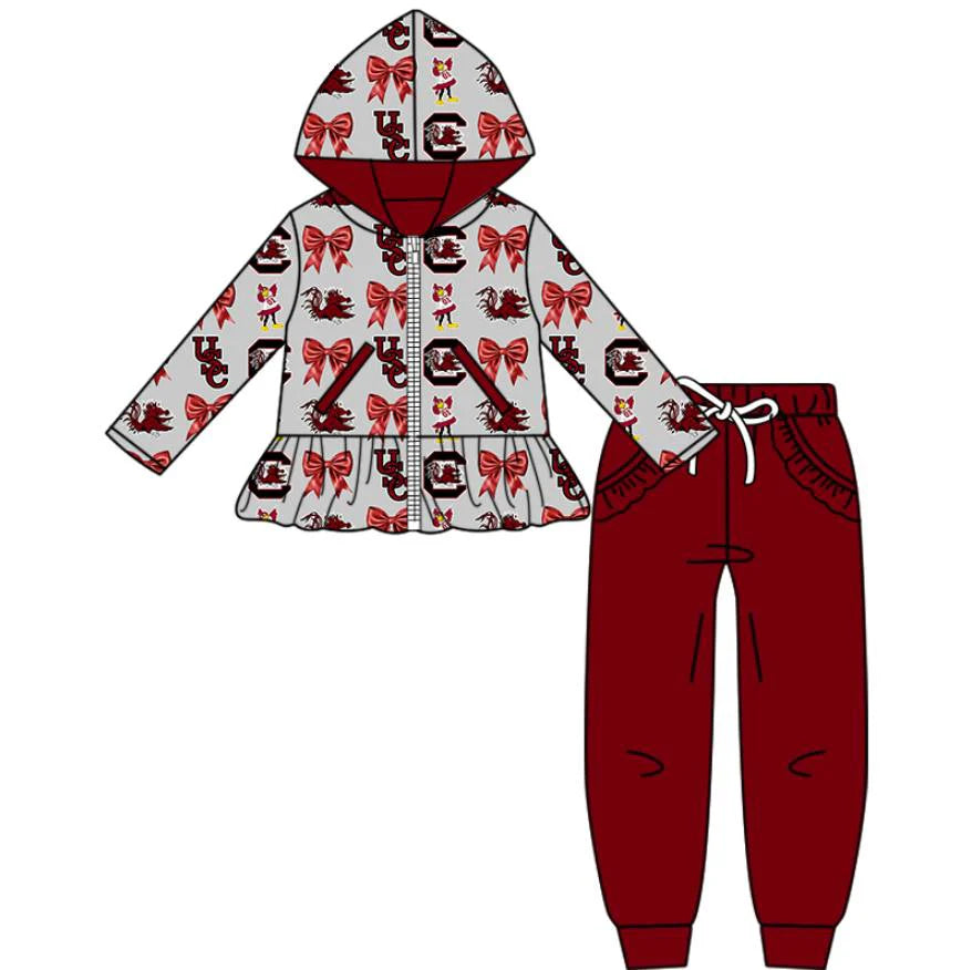 (Custom Design Preorder MOQ 5 Each Item)Team's Gamecock Bows Print Girls Matching Clothes
