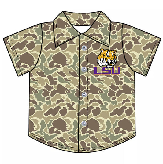 (Custom Design Preorder MOQ 5 Each Item) Team's Camo LSU Tigers Print Polo Top Mom and Me Matching Clothes