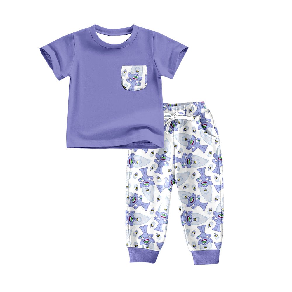 (Custom Design Preorder MOQ 5) Purple Cartoon Hair Monster Print Boys Clothes Set