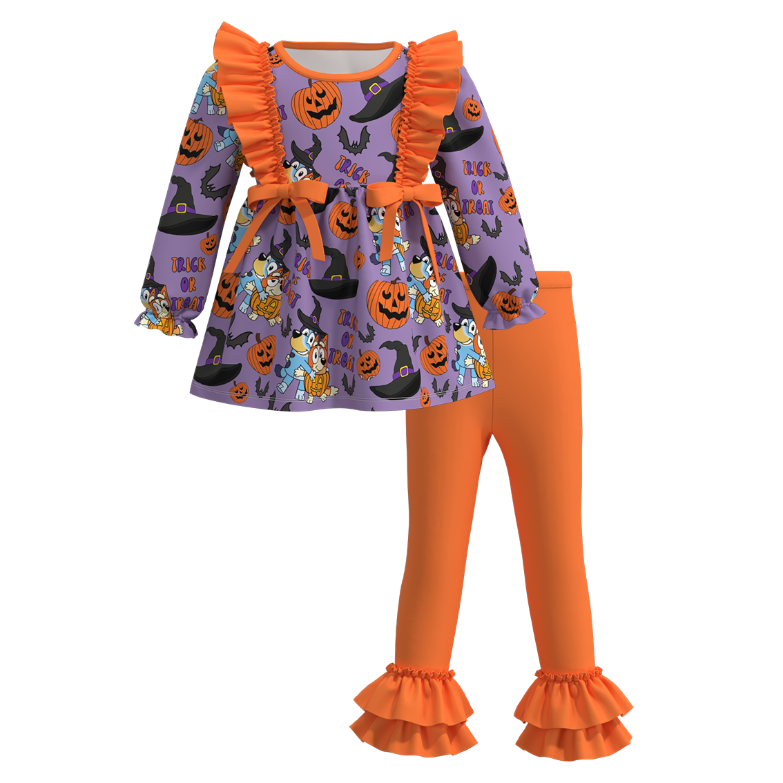 (Custom Design Preorder MOQ 5) Cartoon Dog Pumpkin Tunic Top Orange Pants Girls Halloween Clothes Set