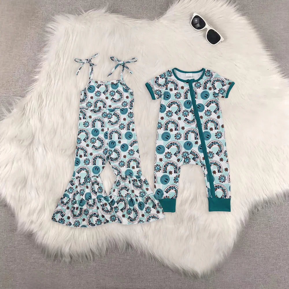 Green Smiling Face Rainbow Print Sisters Western Summer Matching Clothes