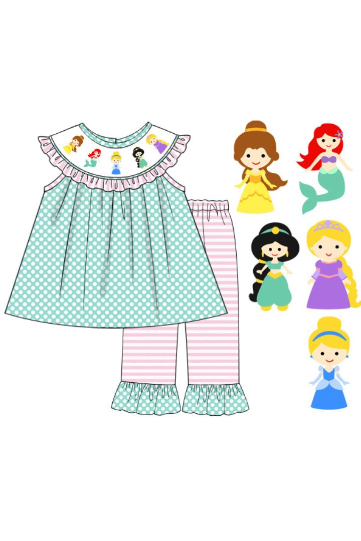 (Custom Design Preorder MOQ 5) Cartoon Princess Dots Tunic Top Pink Stripes Pants Girls Clothes Set