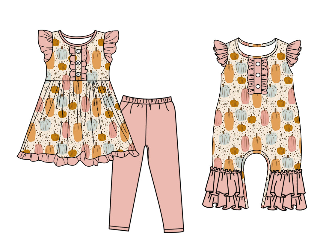 5.5(Custom Design Preorder MOQ 5 Each Design) Pumpkin Pink Print Girls Fall Matching Clothes Sisters Wear