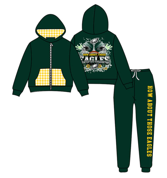 (Custom Design Preorder MOQ 5) Team's EAGLES Zipper Hoodie Top Green Pants Kids Fall Clothes Set