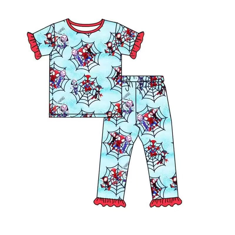 (Custom Design Preorder MOQ 5) Super Spider Print Girls Pajamas Clothes Set