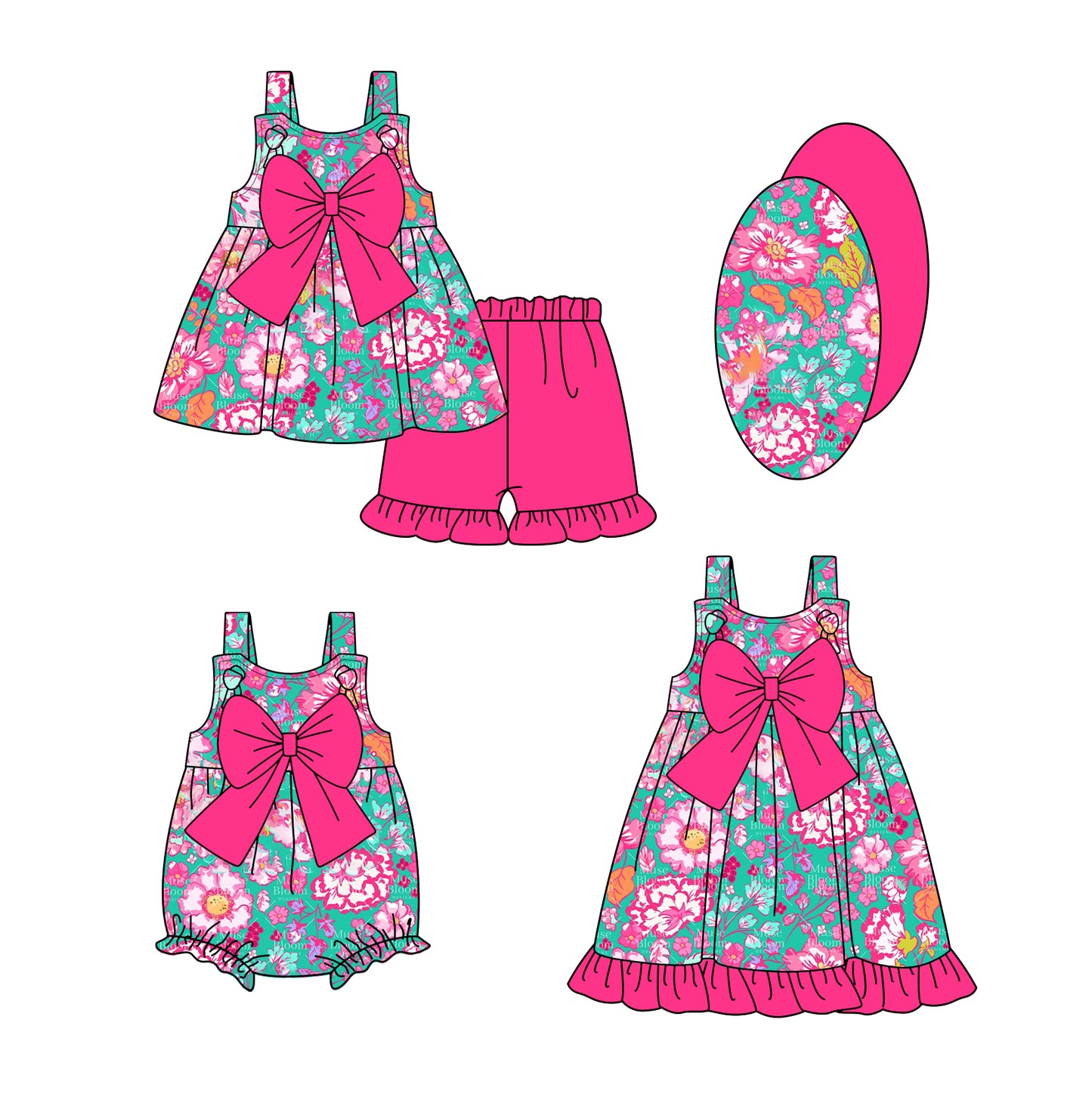 1.6(Custom Design Preorder MOQ 5 Each Design) Flowers Print Girls Summer Matching Clothes Sisters Wear