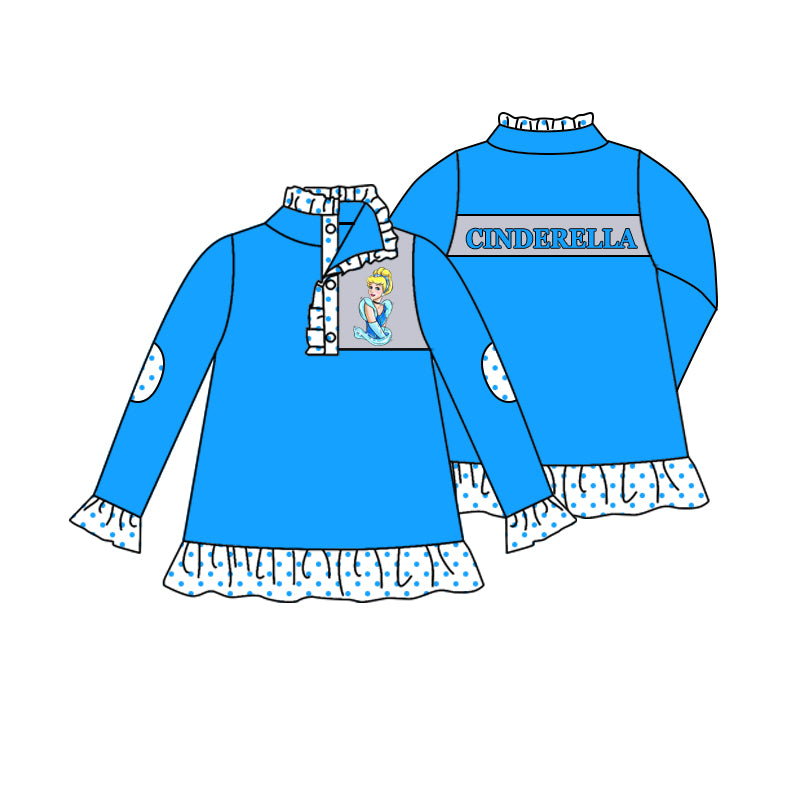 11.16(Custom Design Preorder MOQ 5)Cartoon Princess Cinde* Blue Print Long Sleeve Girls Pullover Fall Tee Shirts Top