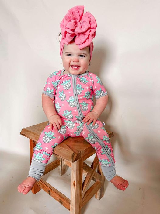 (Custom Design Preorder MOQ 20) Disco Light Cowboy Print Baby Girls Bamboo Sleeper Zipper Romper