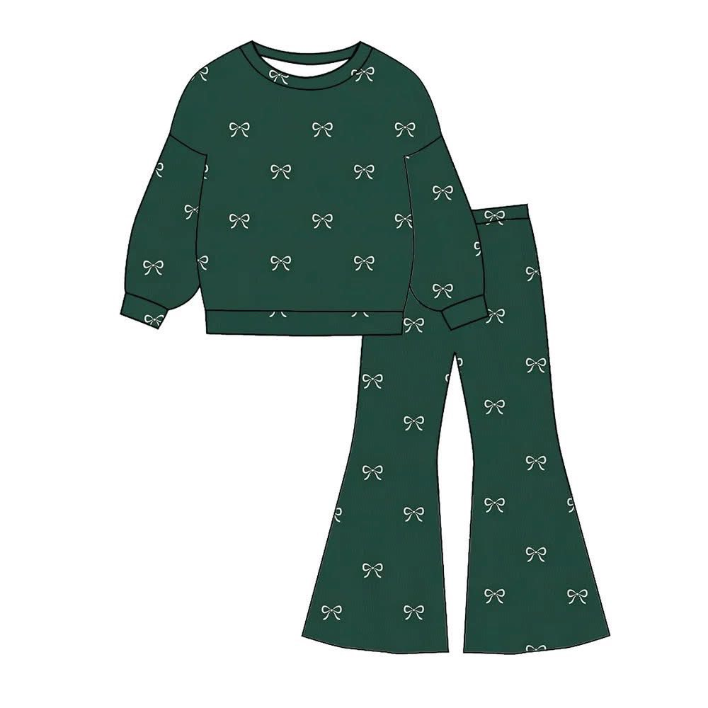 (Custom Design Preorder MOQ 5) Bows Green Top Bell Pants Girls Christmas Clothes Set