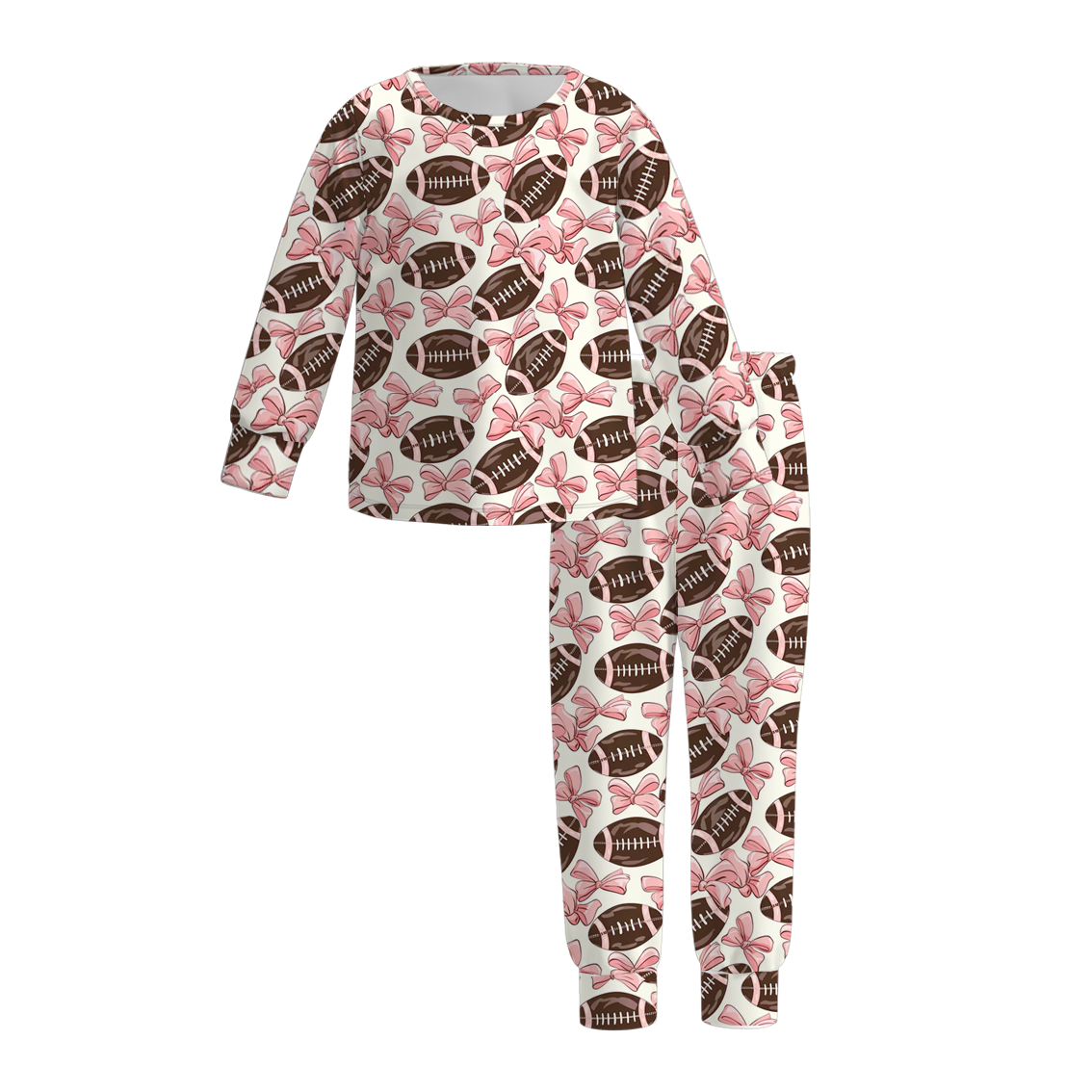 (Custom Design Preorder MOQ 5) Pink Bows Football Print Girls Fall Pajamas Clothes Set