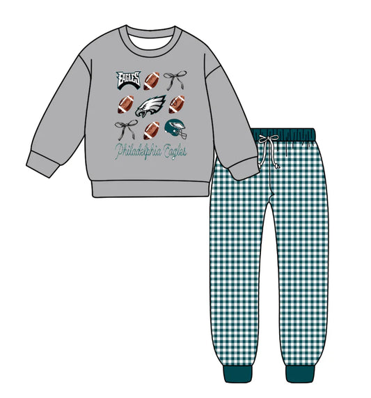(Custom Design Preorder MOQ 5) Team's Eagles Top Plaid Pants Boys Fall Clothes Set