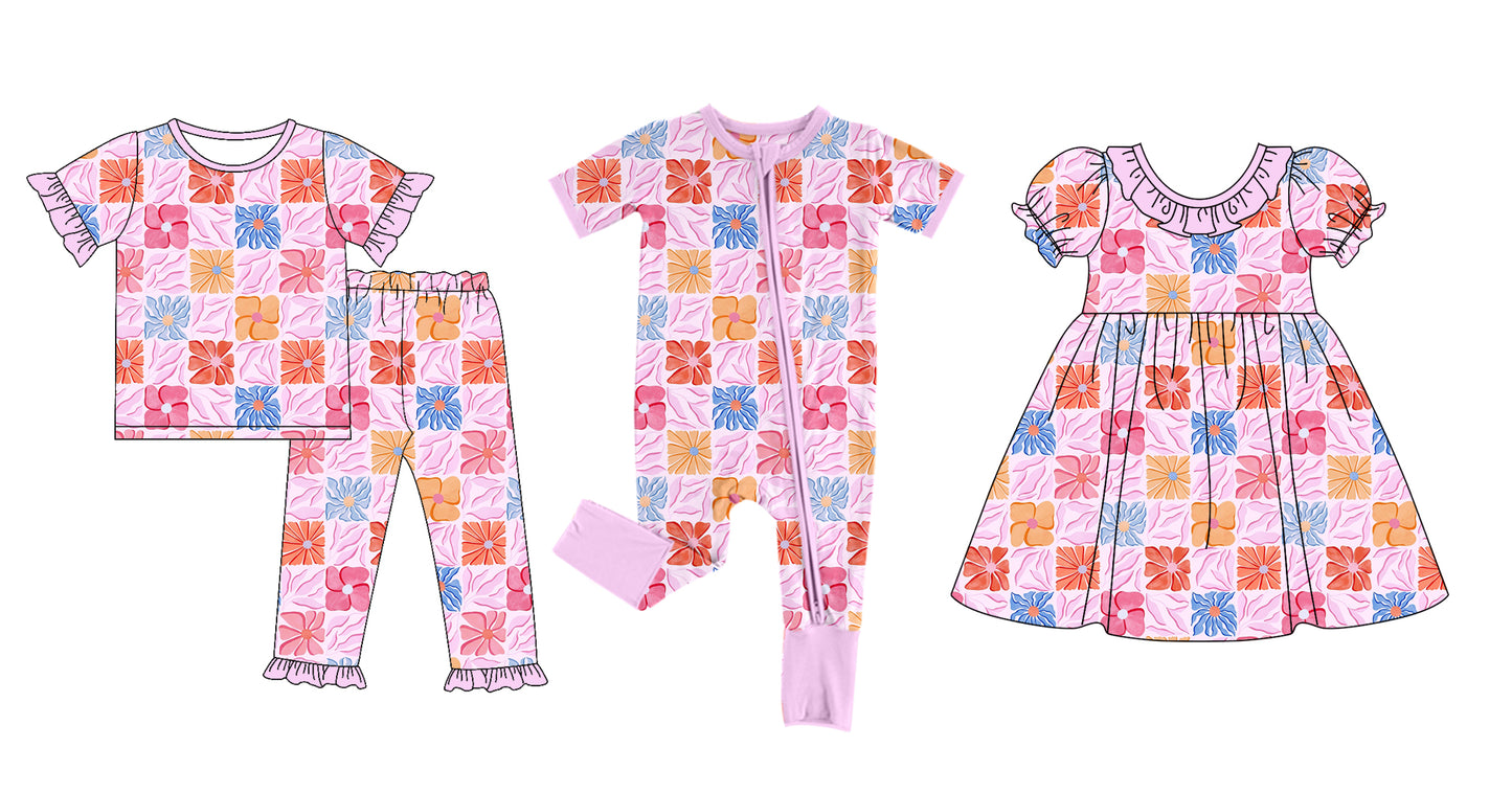 5.6(Custom Design Preorder MOQ 5 Each Design) Colorful Flowers Plaid Print Girls Matching Clothes Sisters Wear