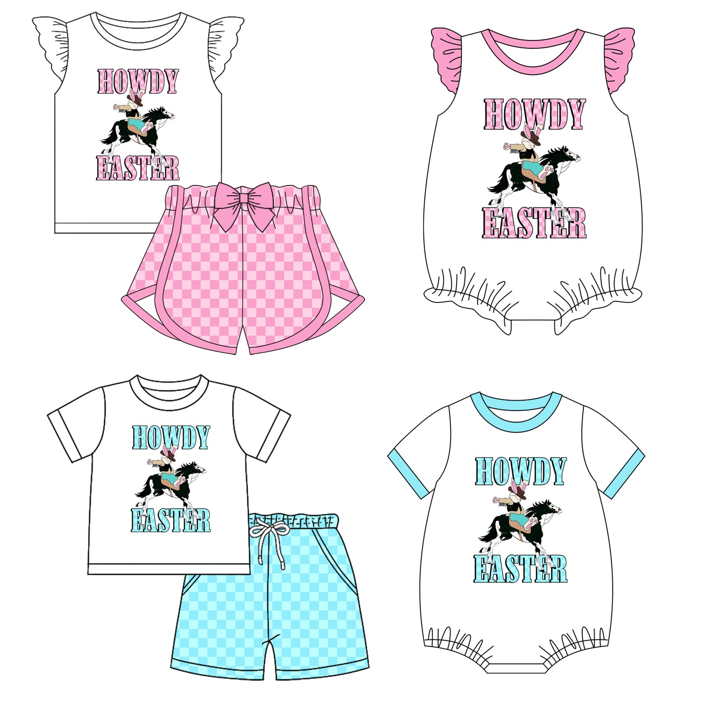 11.29(Custom Design Preorder MOQ 5 Each Design) Howdy Easter Print Kids Matching Clothes Sibling Wear