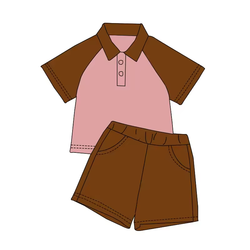 (Custom Design Preorder MOQ 5) Pink Polo Top Brown Shorts Boys Summer Clothes Set