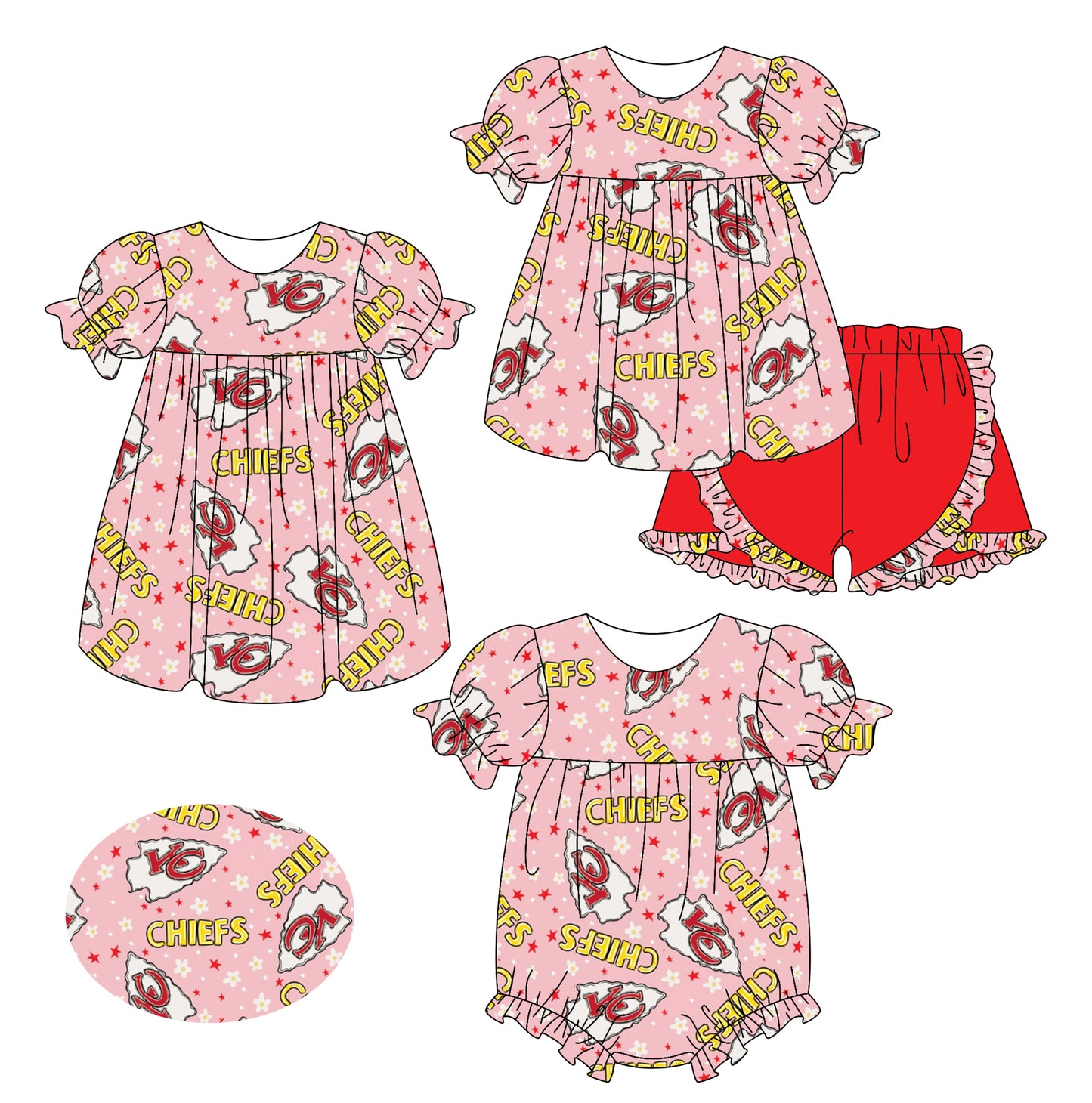2.24(Custom Design Preorder MOQ 5 Each Design) Team's Chiefs KC Pink Flowers Print Girls Summer Matching Clothes Sisters Wear