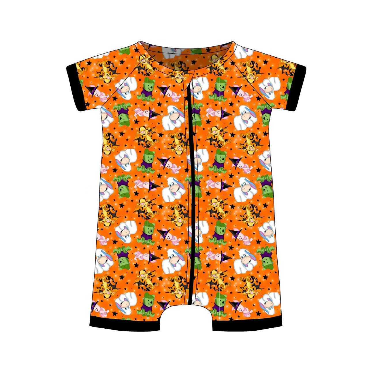 (Custom Design Preorder MOQ 20) Cartoon Animals Print Baby Boys Halloween Bamboo Sleeper Zipper Romper