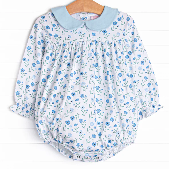 (Custom Design Preorder MOQ 5) Blue Flowers Print Baby Girls Fall Romper