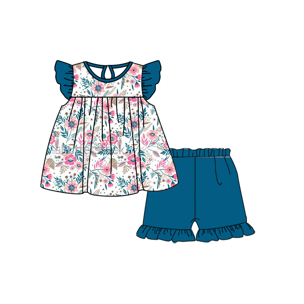 (Custom Design Preorder MOQ 5) Flowers Top Blue Shorts Girls Summer Clothes Set