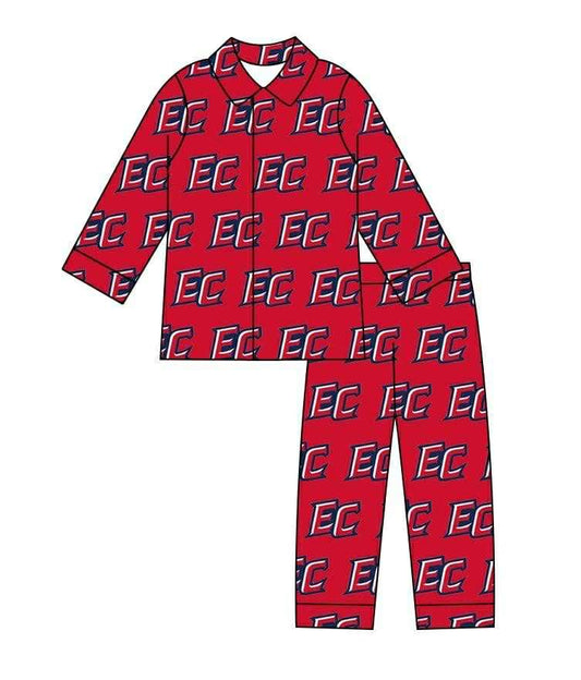 (Custom Design Preorder MOQ 5) Team's Red EC Print Kids Fall Buttons Pajamas Clothes Set