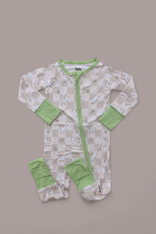 (Custom Design Preorder MOQ 20)  Goose Plaid Print Baby Girls Long Sleeve Bamboo Sleeper Zipper Romper
