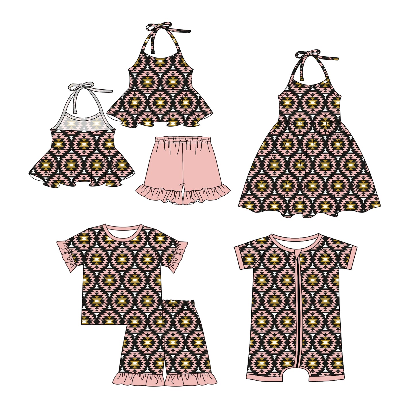 1.4(Custom Design Preorder MOQ 5 Each Design) Aztec Pink Print Girls Summer Western Matching Clothes Sisters Wear