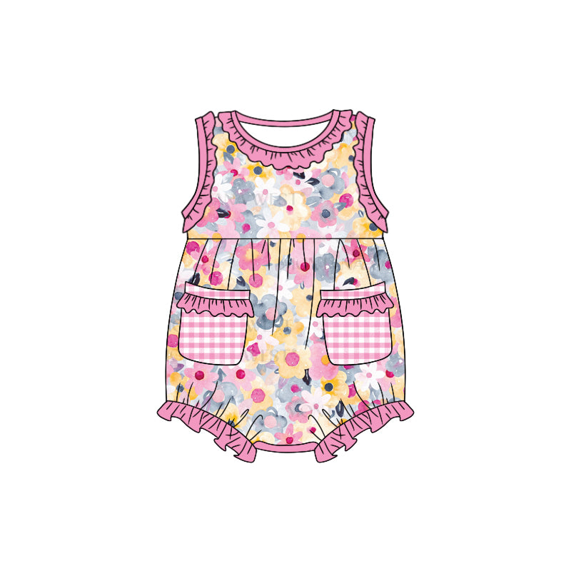 (Custom Design Preorder MOQ 5) Pink Flowers Print Pockets Baby Girls Summer Romper