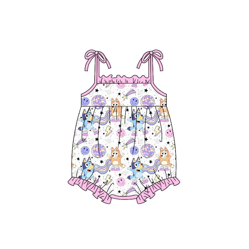 (Custom Design Preorder MOQ 5) Cartoon Dog Disco Print Baby Girls Summer Romper