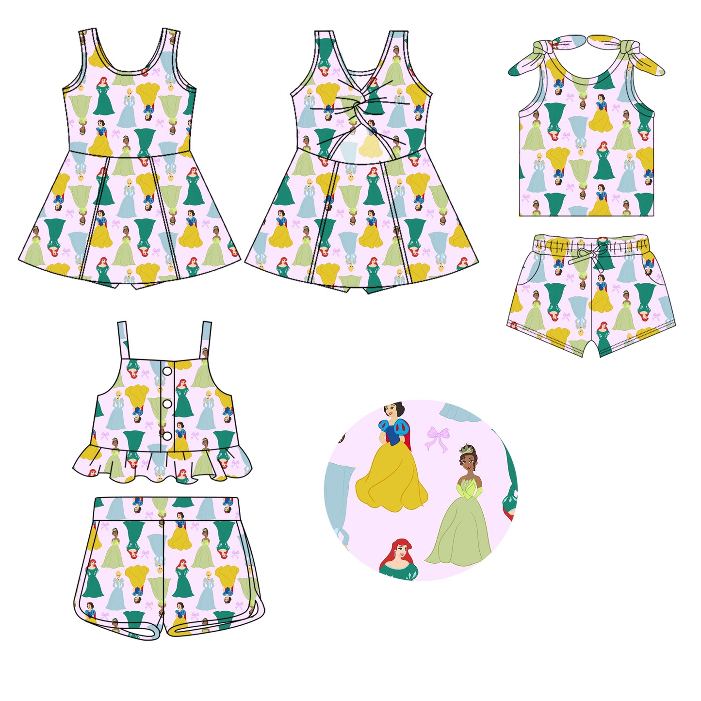 2.22(Custom Design Preorder MOQ 5 Each Design) Cartoon Princess Print Girls Summer Matching Clothes Sisters Wear