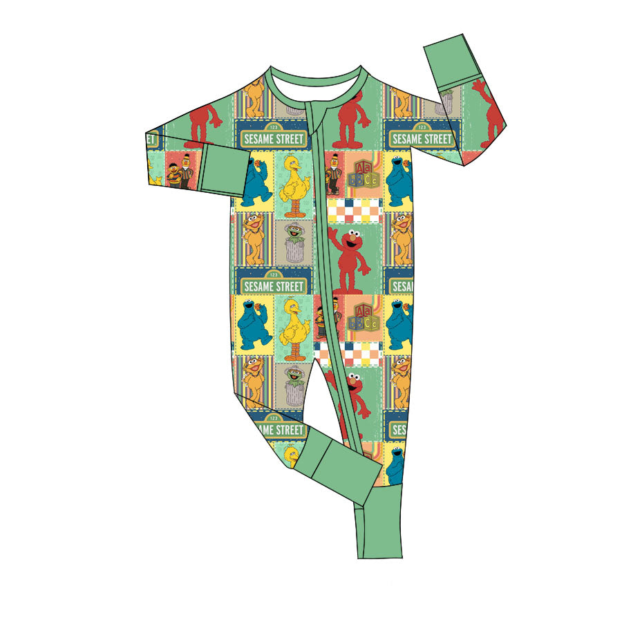 (Custom Design Preorder MOQ 20) Catoon Street Green Print Baby Bamboo Fall Sleeper Zipper Romper
