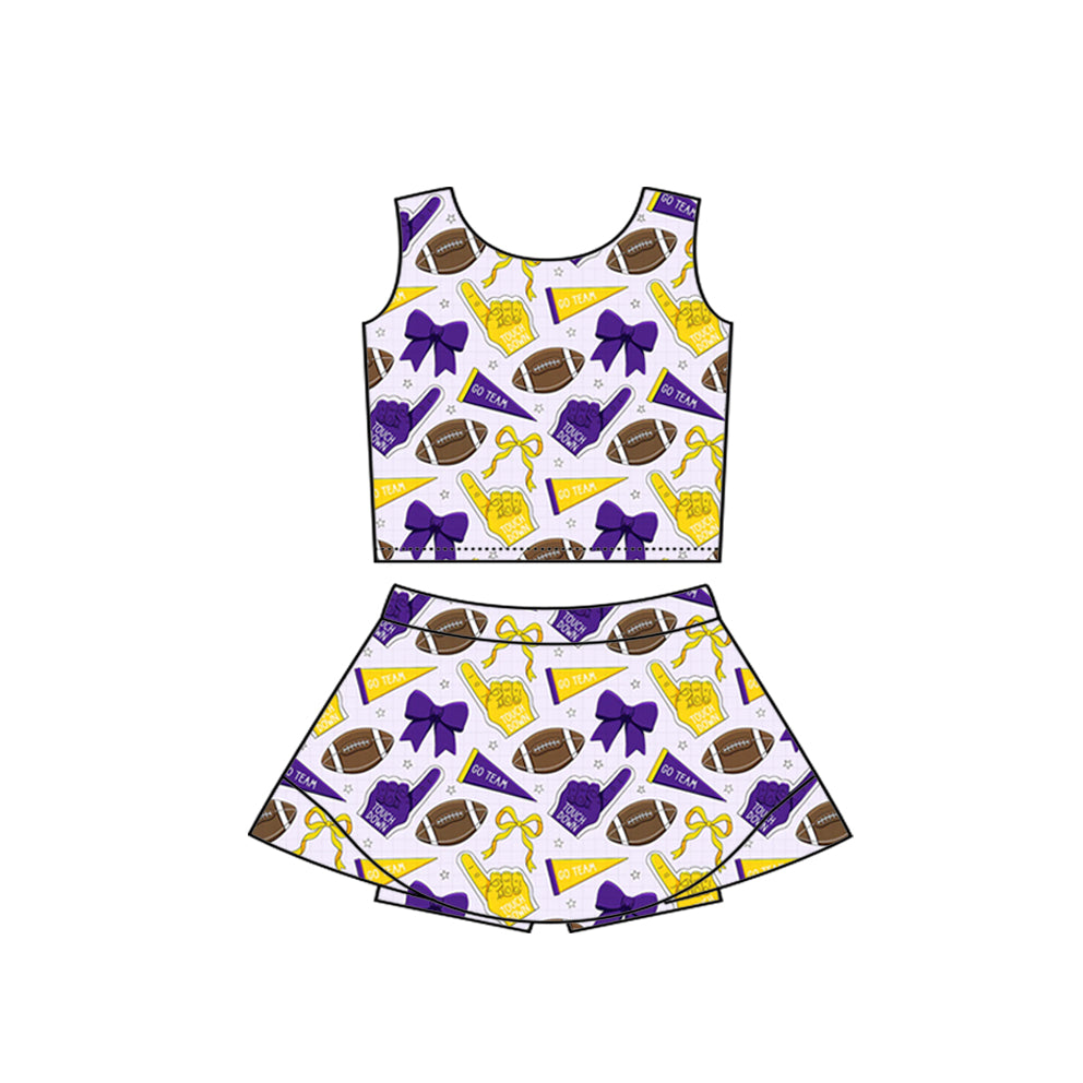 (Custom Design Preorder MOQ 5) Team's Cheer Bows Purple Print Shorts Skirts Girls Summer Yoga Clothes Set