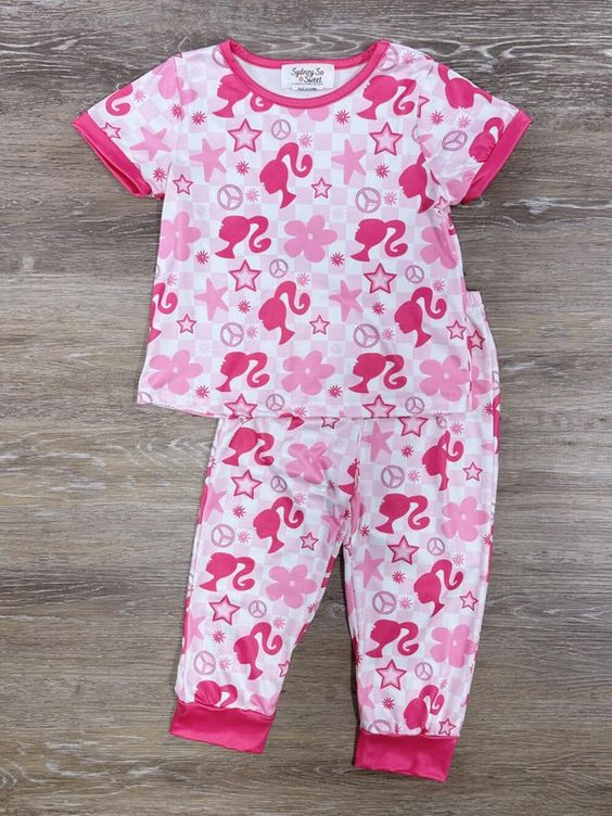 (Custom Design Preorder MOQ 5) Pink BA Print Girls Pajamas Clothes Set