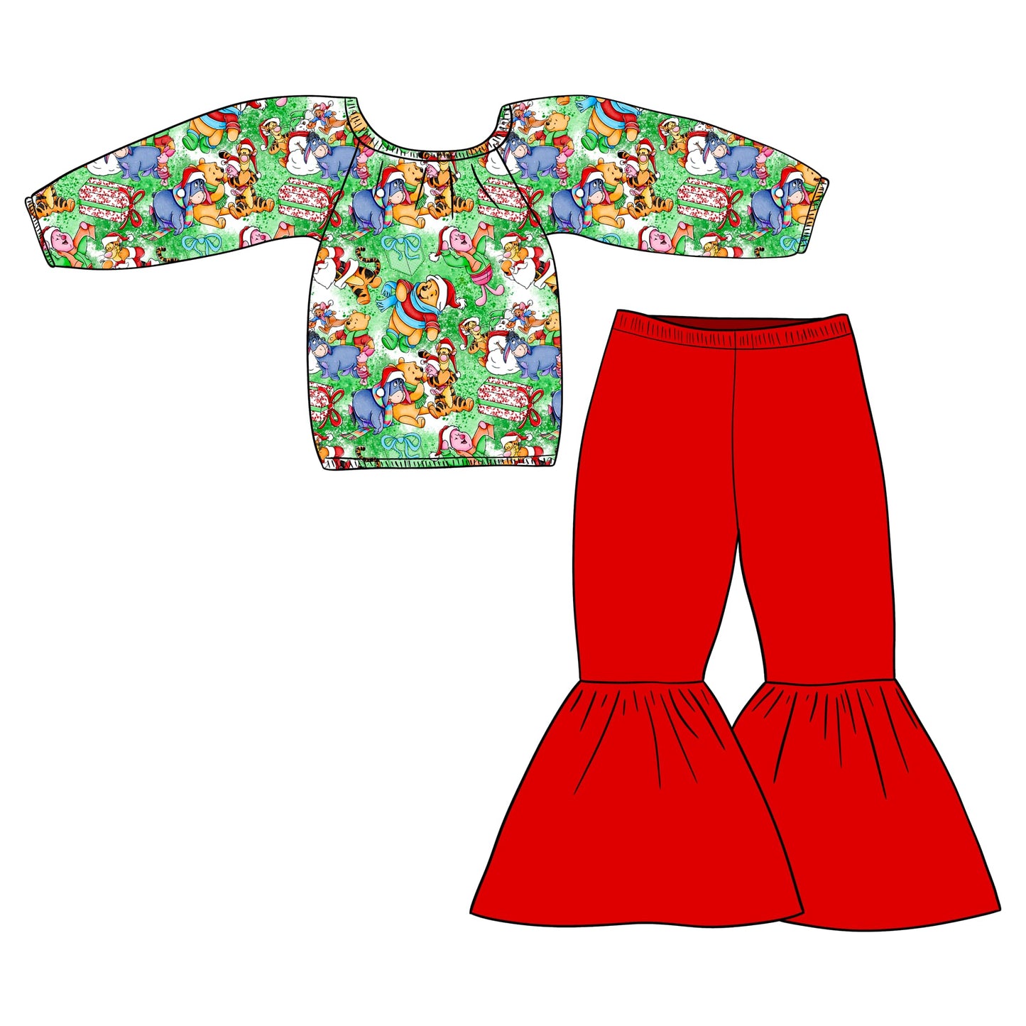 (Custom Design Preorder MOQ 5) Cartoon Animals Top Red Bell Pants Girls Christmas Clothes Set