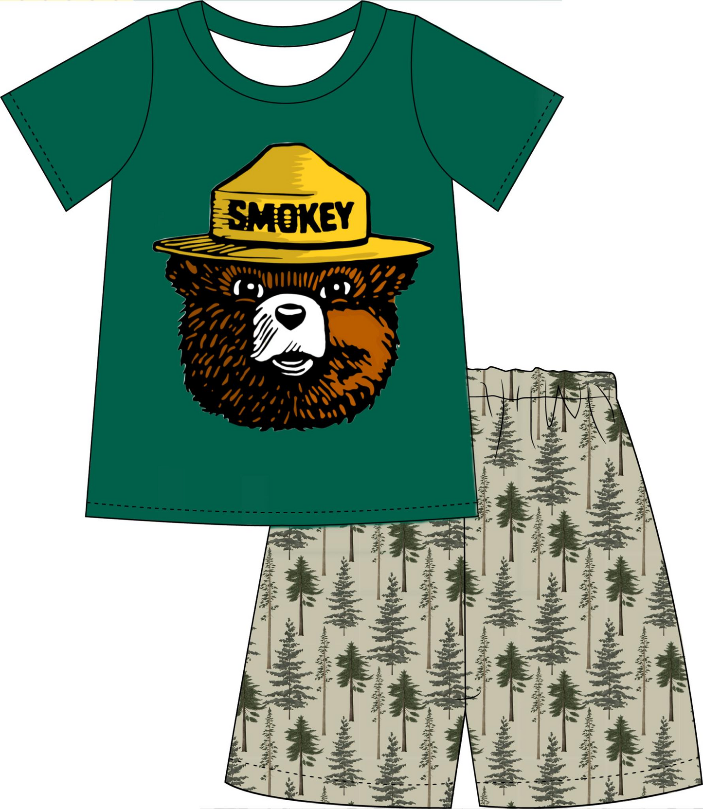 (Custom Design Preorder MOQ 5) Bear Green Print Boys Summer Clothes Set
