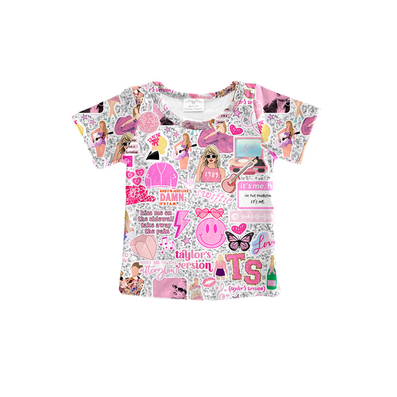 (Custom Design Preorder MOQ 5) Pink Singer Swiftie Print Girls Summer Tee Shirts Top
