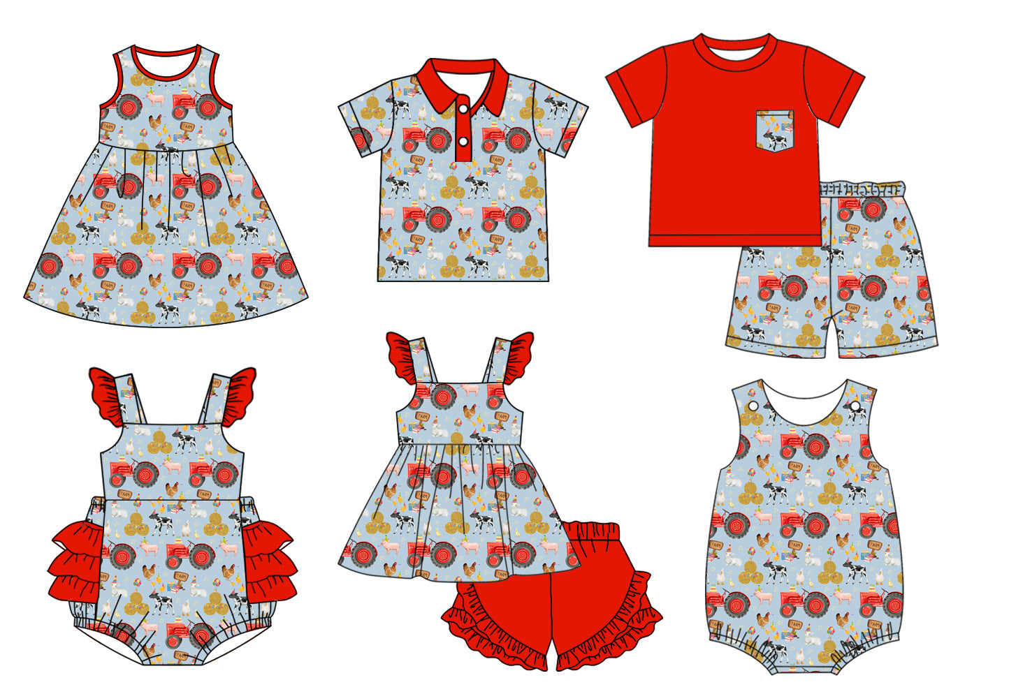 11.11(Custom Design Preorder MOQ 5 Each Design) Farm Animals Print Kids Summer Matching Clothes Sibling Wear