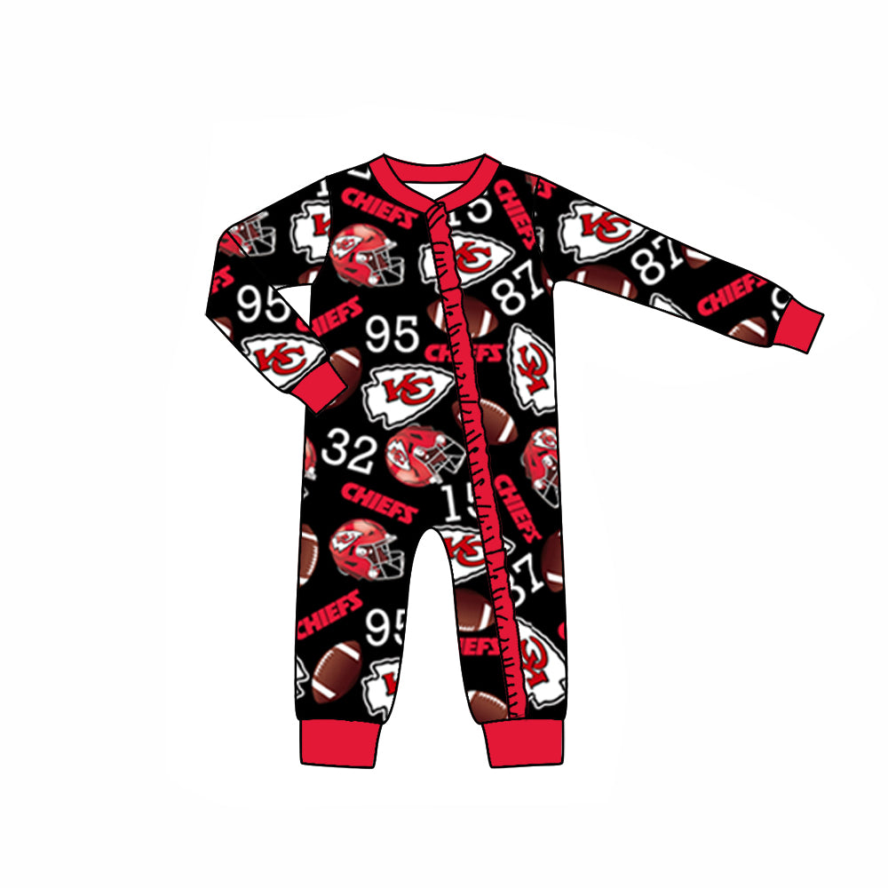 (Custom Design Preorder MOQ 5) Team's KC Black Print Baby Girls Fall Sleeper Zipper Romper