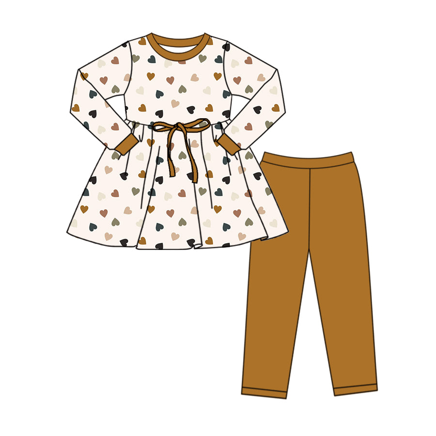 (Custom Design Preorder MOQ 5) Heart Tunic Top Brown Pants Girls Valentine's Day Clothes Set