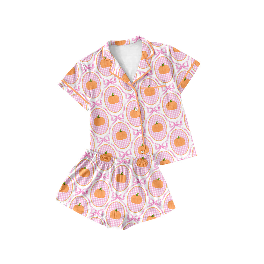 (Custom Design Preorder MOQ 5 Each Design) Pumpkin Bows Print Fall Buttons Pajamas Sets Mom and Me Matching Clothes
